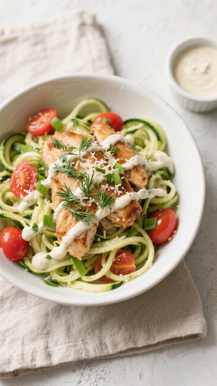 Tasty top view: Overhead shot of the Keto Chicken Ranch Zoodle Bowl just off the heat—crisp-tender