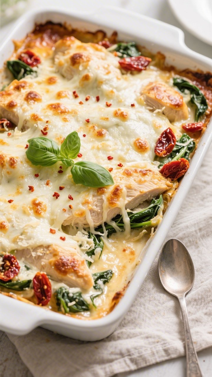 Tasty top view: Overhead shot of the Keto Chicken Italian Cream Bake fresh from the oven in a 9x13 w