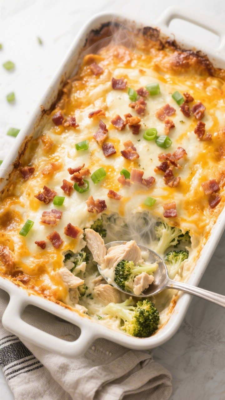 Tasty top view: Overhead shot of the Keto Chicken Ranch Bake fresh from the oven in a 9x13 dish—ch