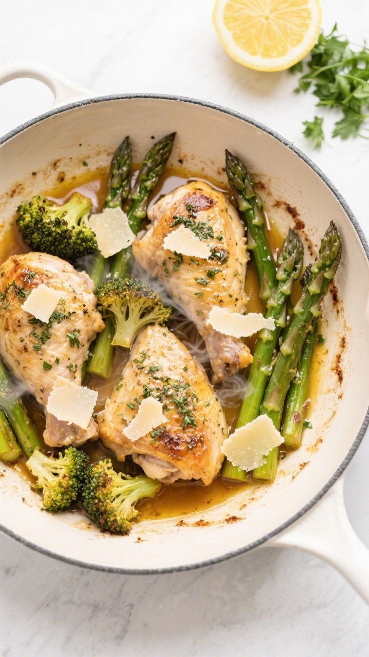 Tasty top view: Overhead shot of the one-pan bake mid-process in an oven-safe skillet—chicken thig