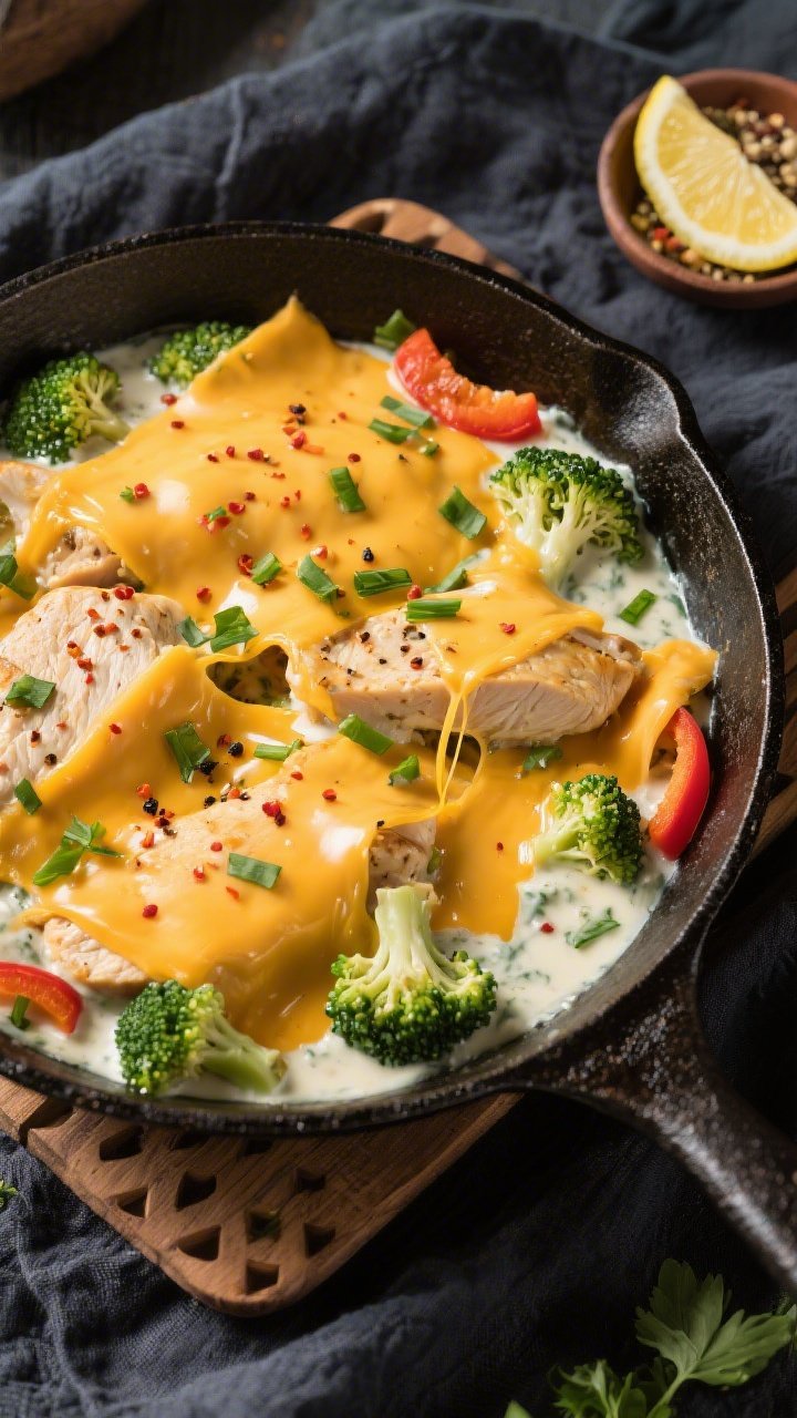 Tasty top view, overhead shot: Overhead shot of the finished Keto Chicken Cheddar Ranch Skillet, the