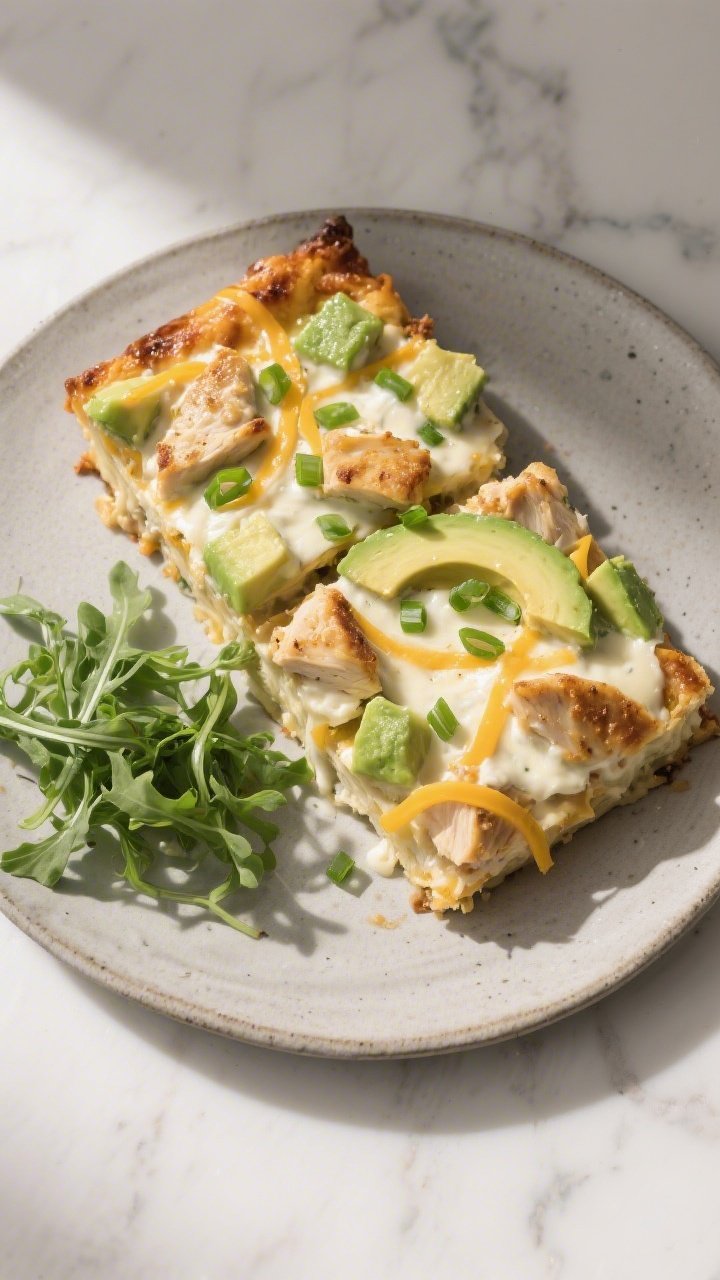 Tasty top view (overhead): Sliced portion of the Keto Chicken Avocado Ranch Bake served on a matte s