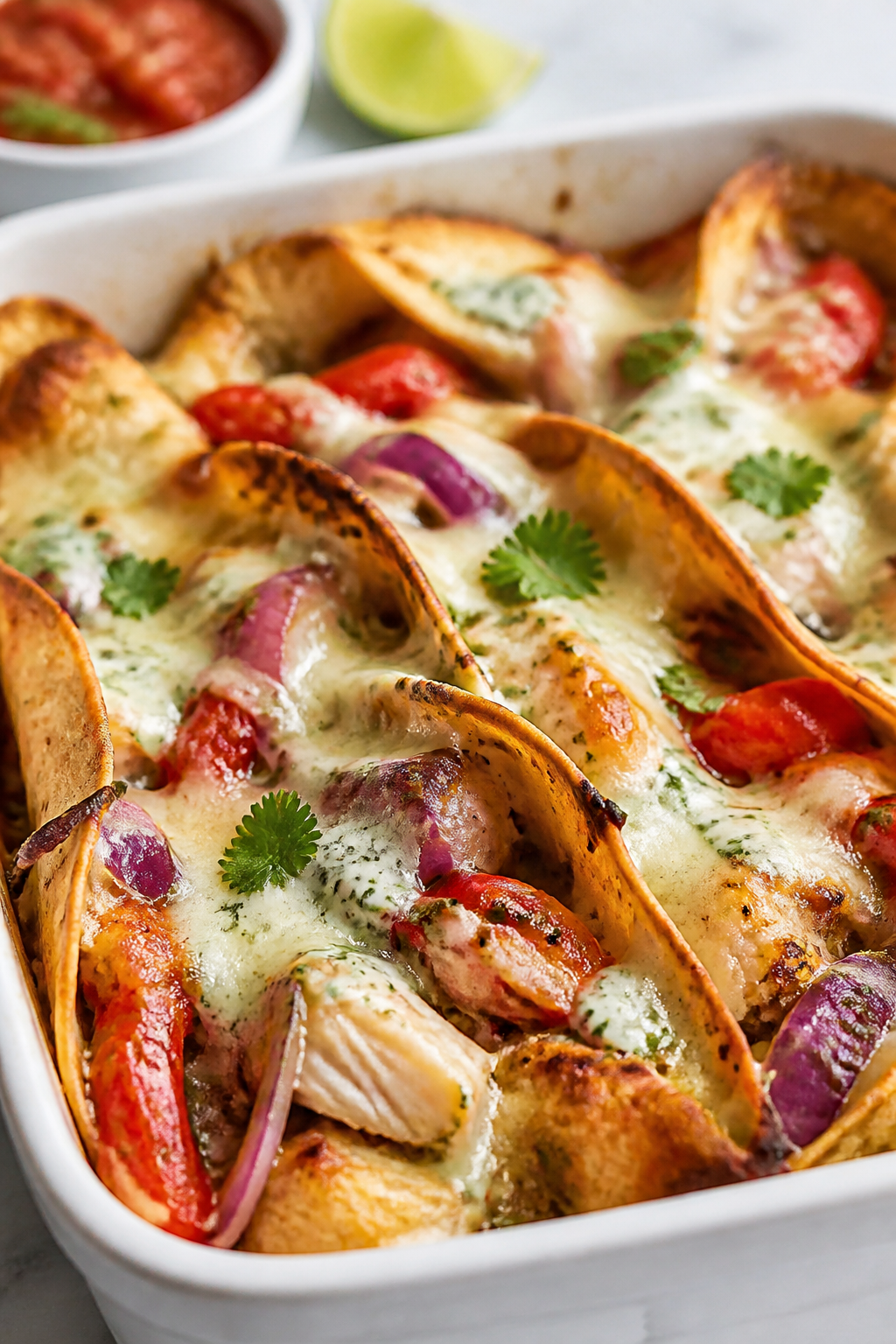 Close-up detail: A bubbling, just-baked fish taco casserole in a 9x13 dish, edges of corn tortillas 