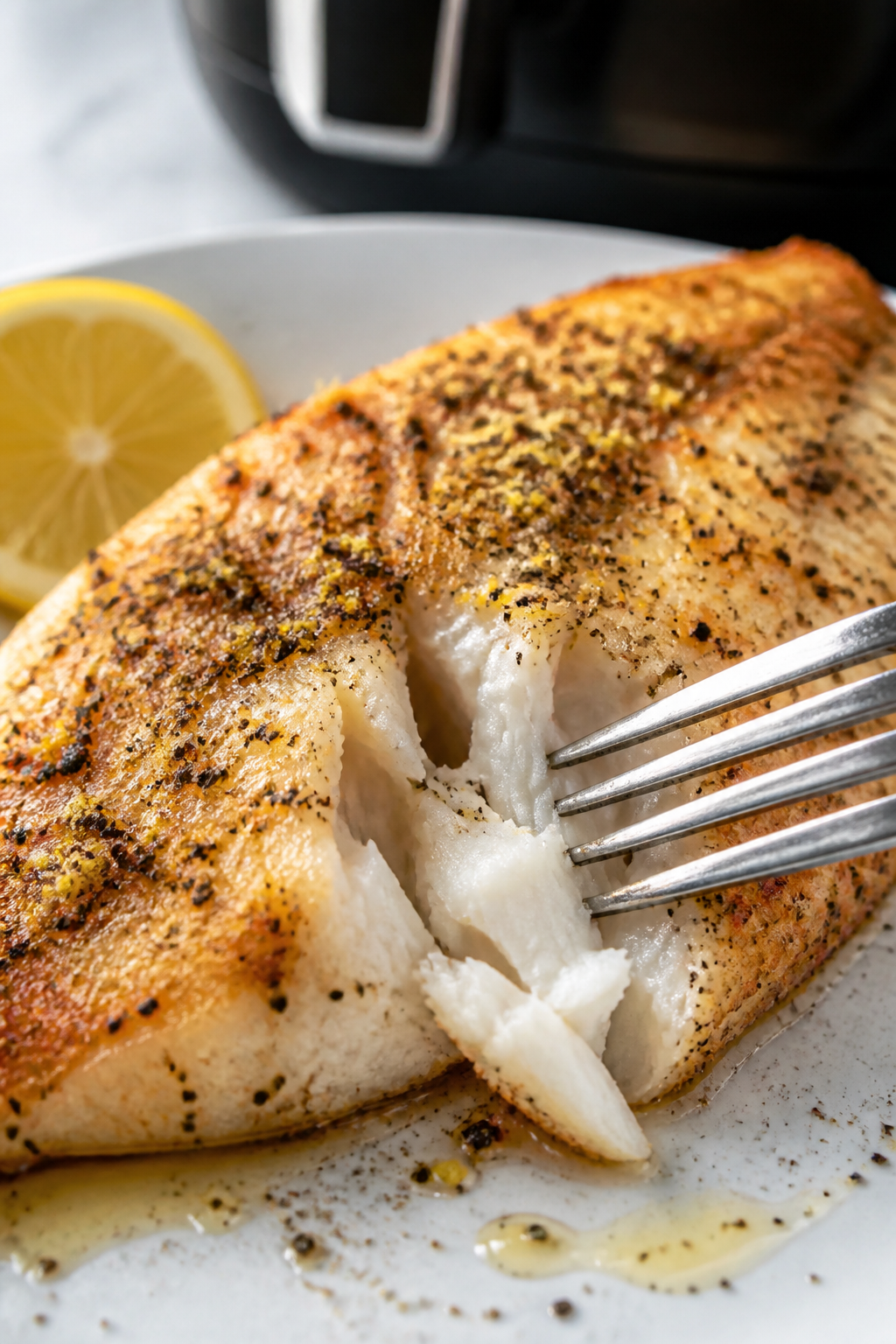 Close-up detail: Air-fried tilapia fillet just out of the basket, flaky white flesh gently separatin