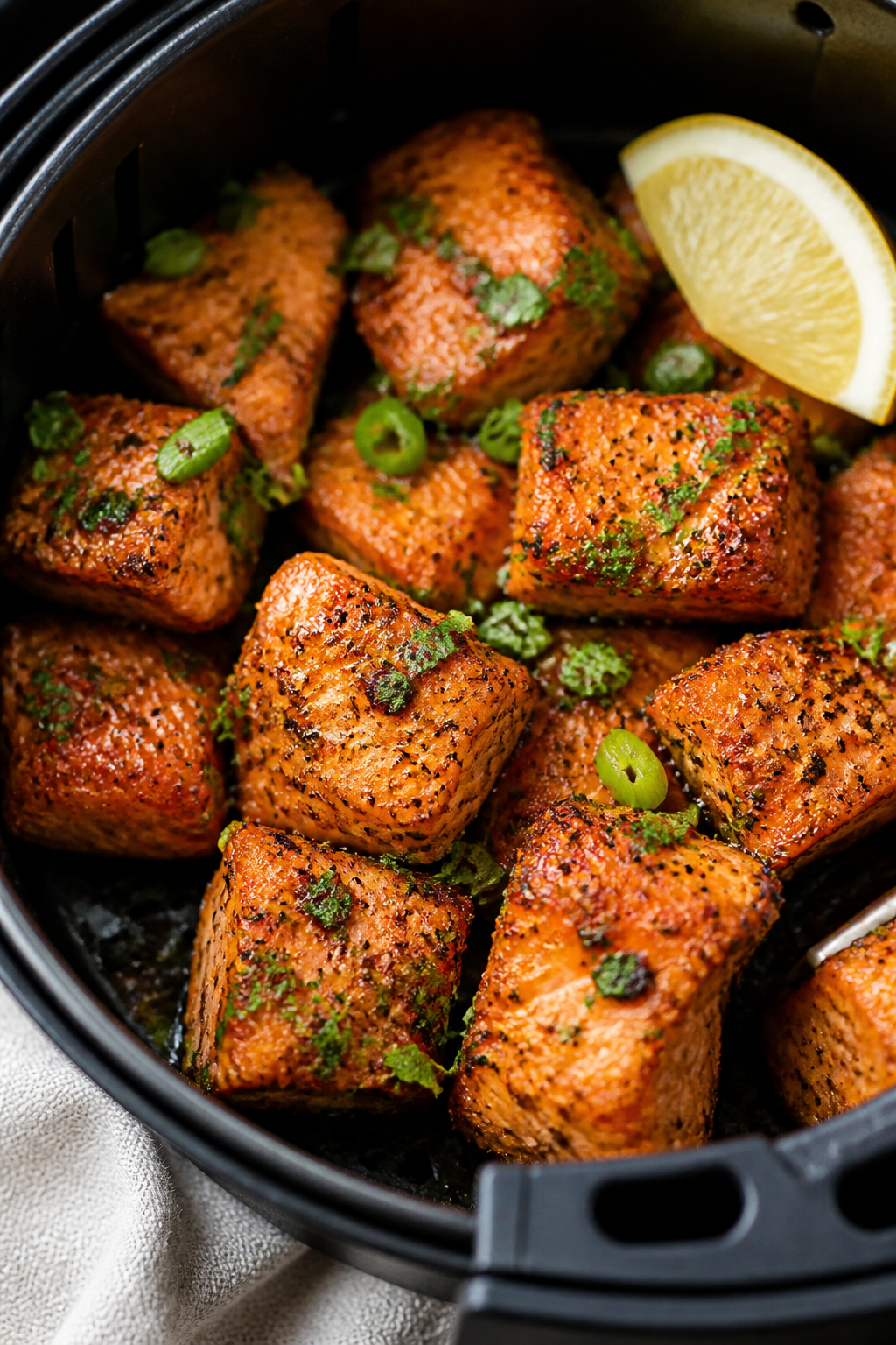 Close-up detail: Air fryer Cajun salmon bites just out of the basket, edges lightly crisp and carame