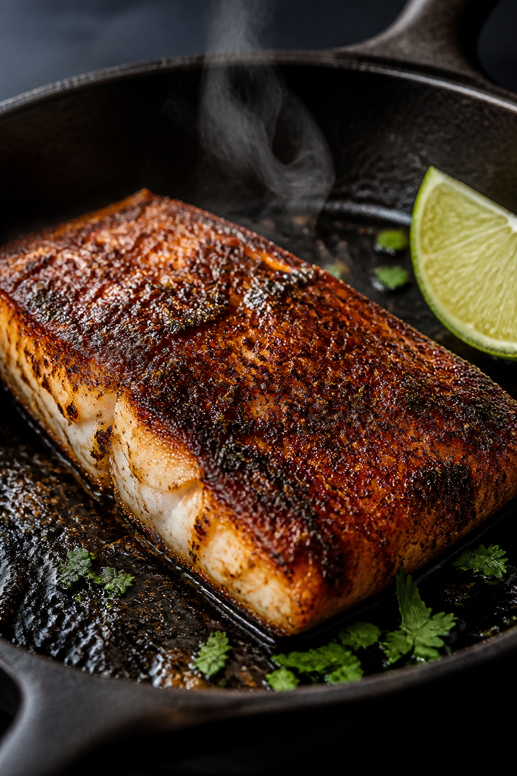 Close-up detail: Blackened cod fillet just seared in a cast-iron skillet, showing a deep mahogany-bl