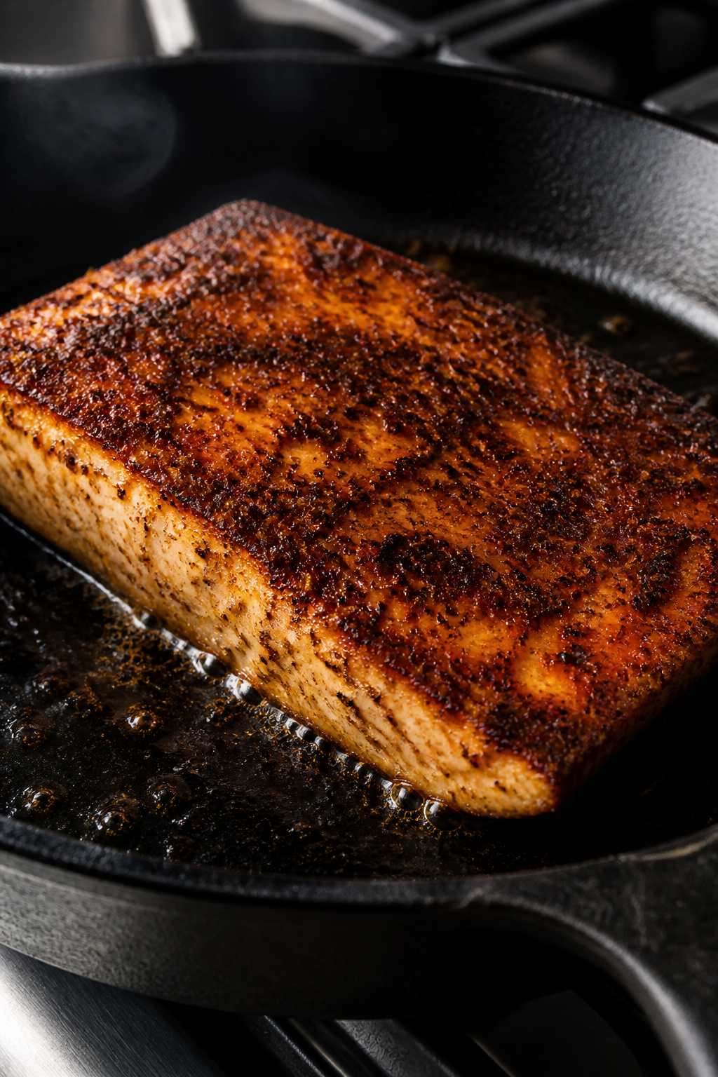Close-up detail: Blackened mahi mahi fillet just flipped in a hot cast-iron skillet, showing a deep,