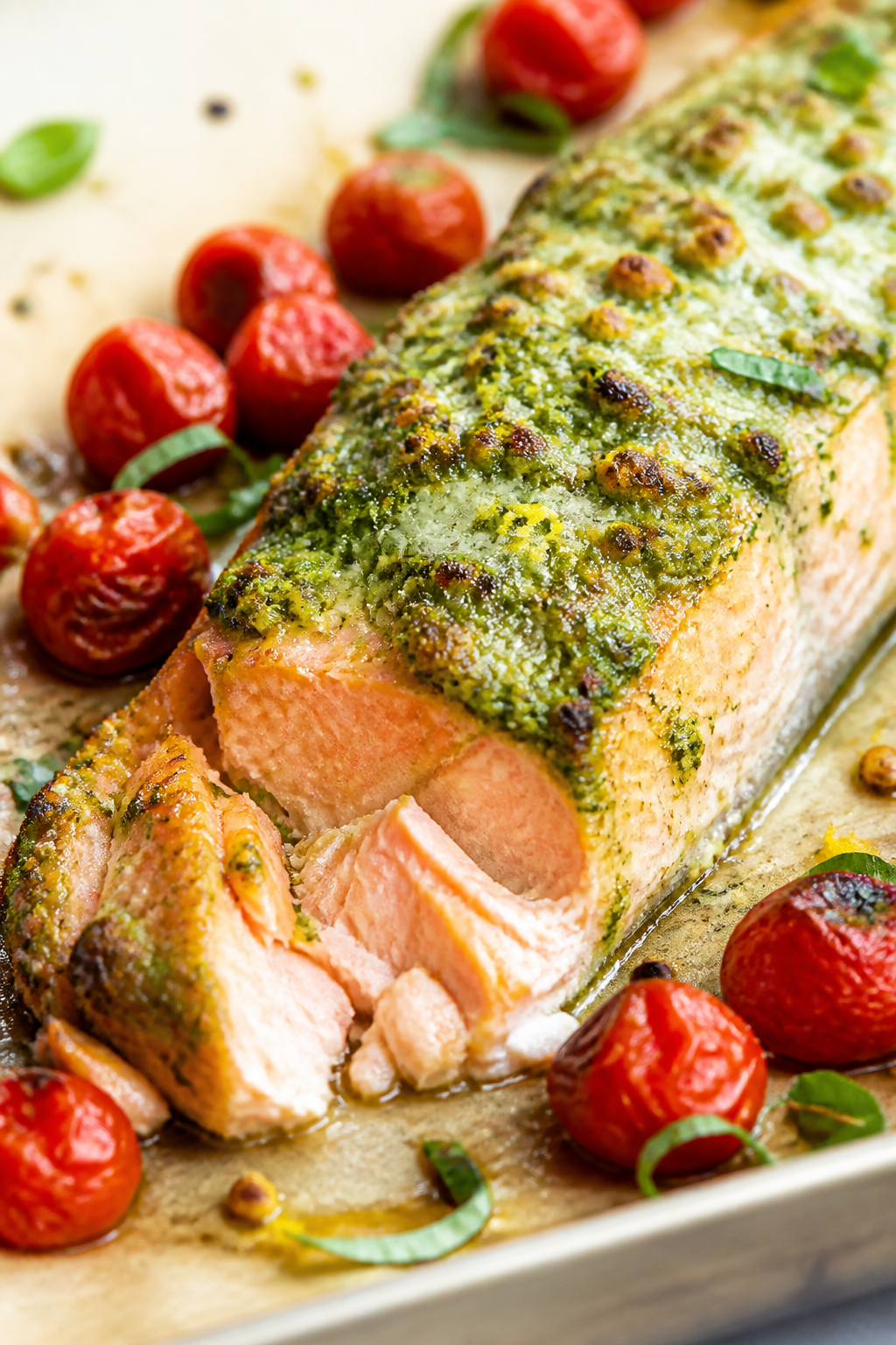 Close-up detail: Broiled baked pesto salmon fillet just out of the oven, golden-edged pesto with tin