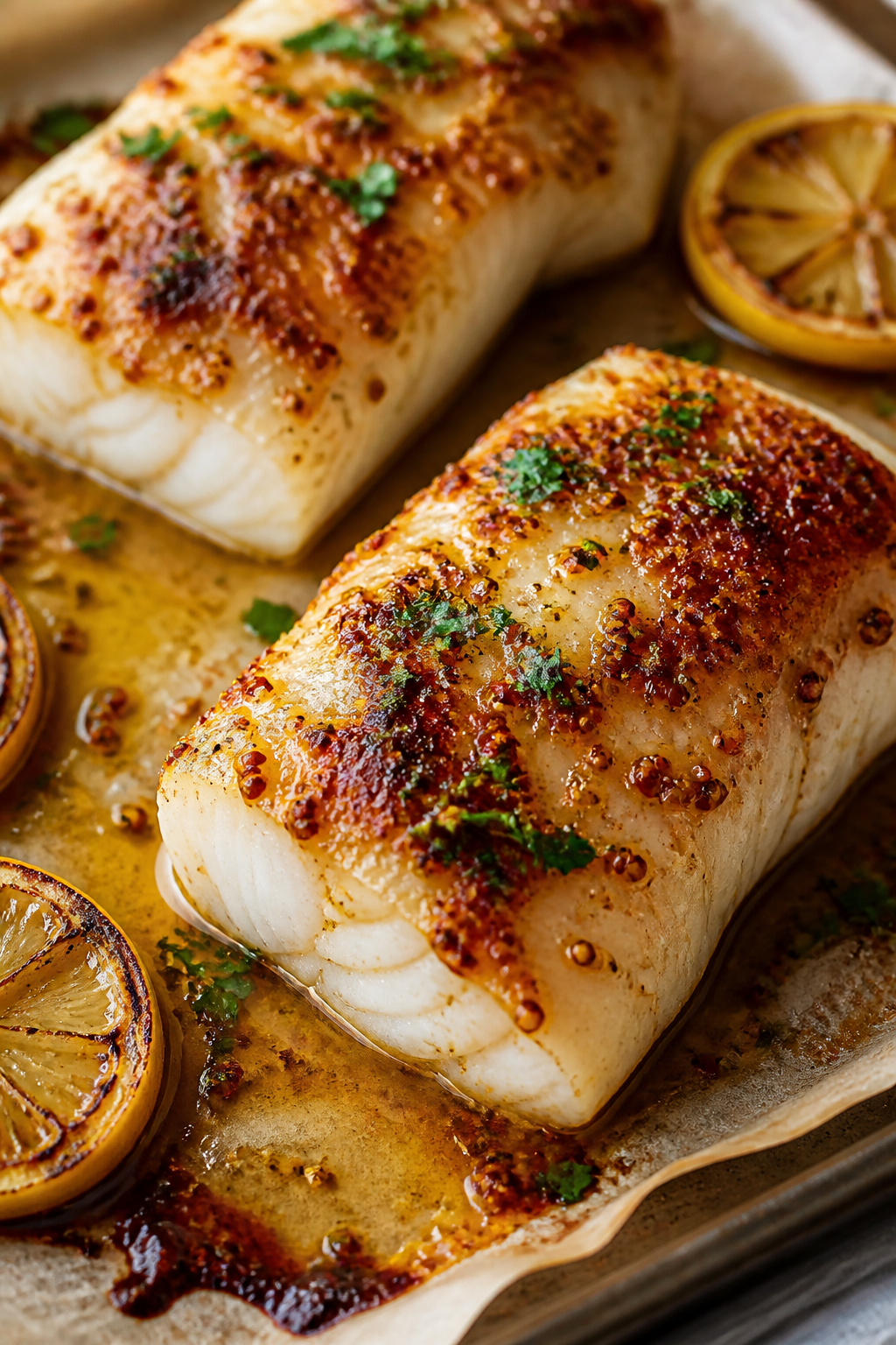 Close-up detail: Broiled honey mustard glazed cod just out of the oven, showing caramelized, lightly