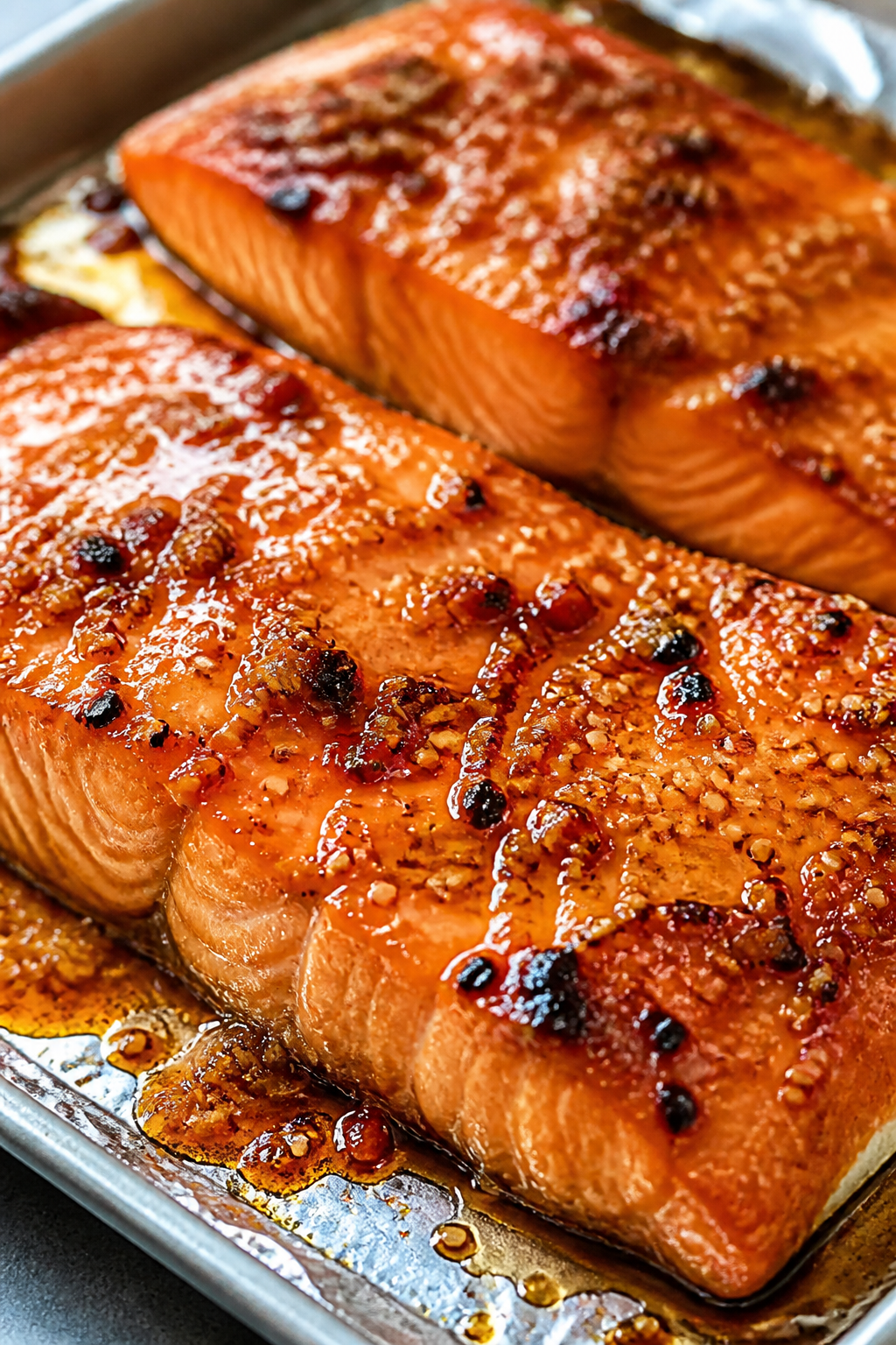 Close-up detail: Broiled sweet chili glazed salmon just out of the oven, showing a glossy, lightly b