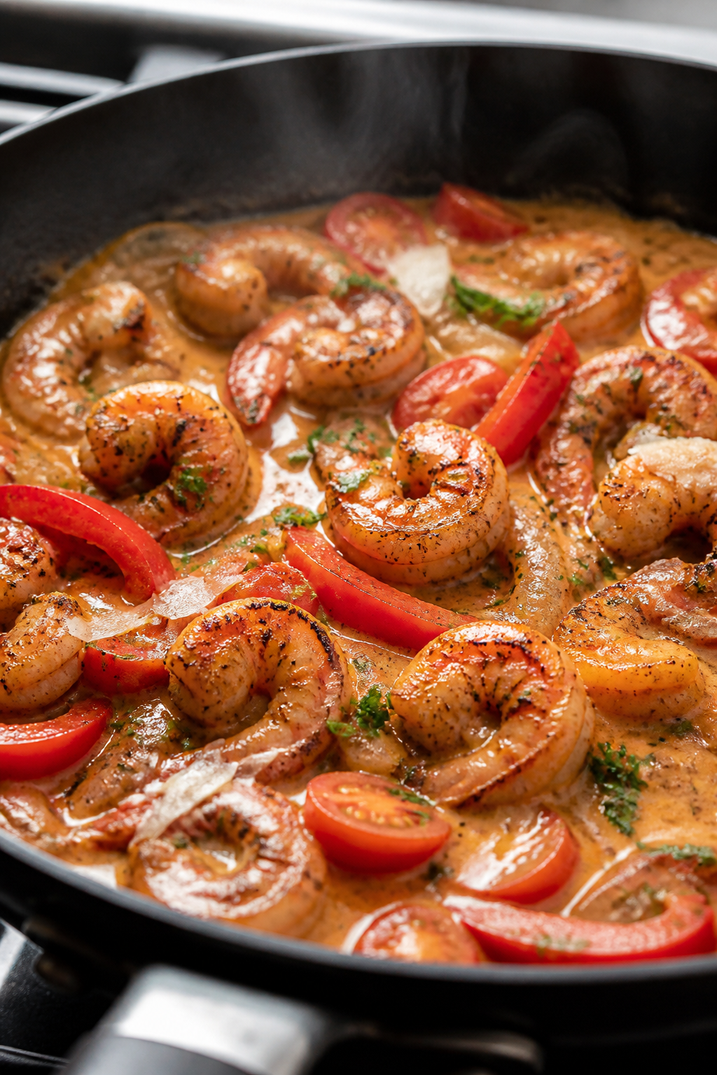Close-up detail: Cajun-seared shrimp just returned to a silky, orange-tinted cream sauce in a skille