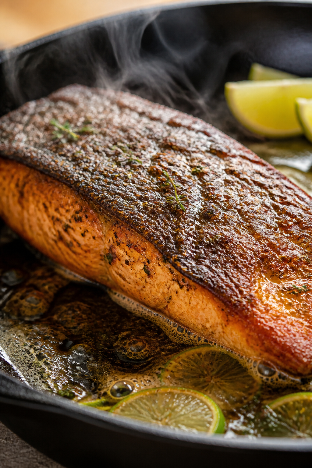 Close-up detail: Cajun-spiced salmon just after the flip in a cast-iron skillet, skin-side crisp and