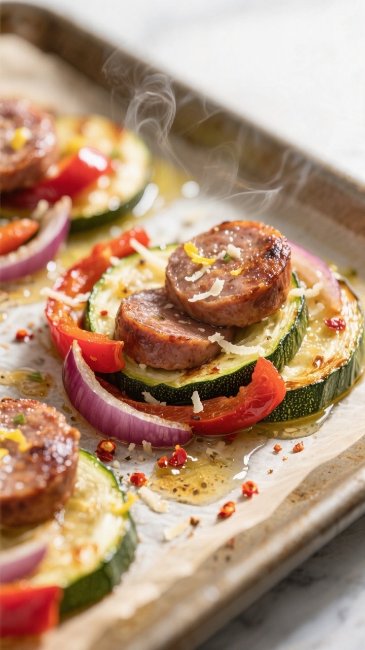 Close-up detail: Caramelized zucchini half-moons and browned Italian sausage coins fresh from the ov