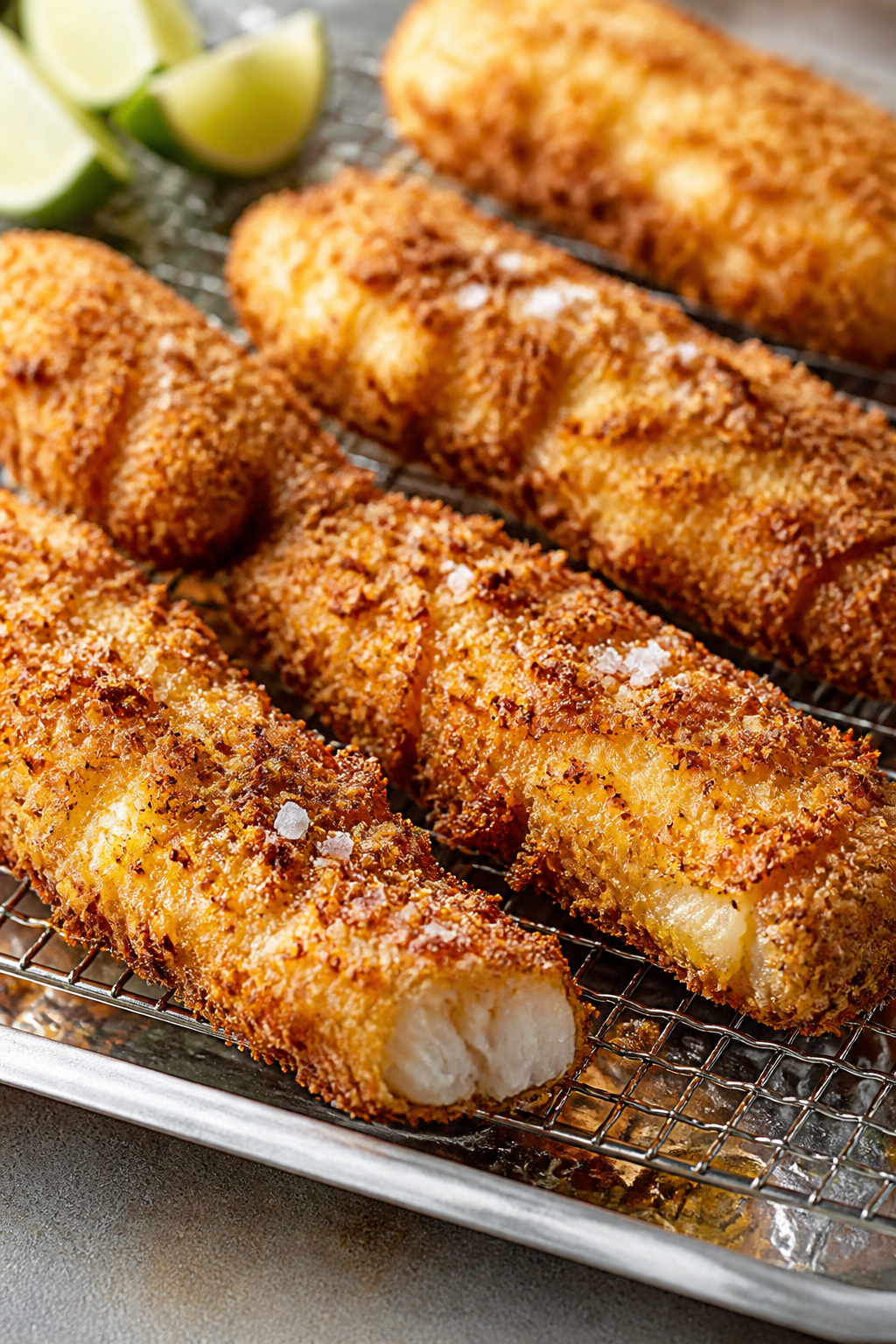 Close-up detail: Coconut-panko crusted fish strips just out of the skillet, golden-brown and crackly