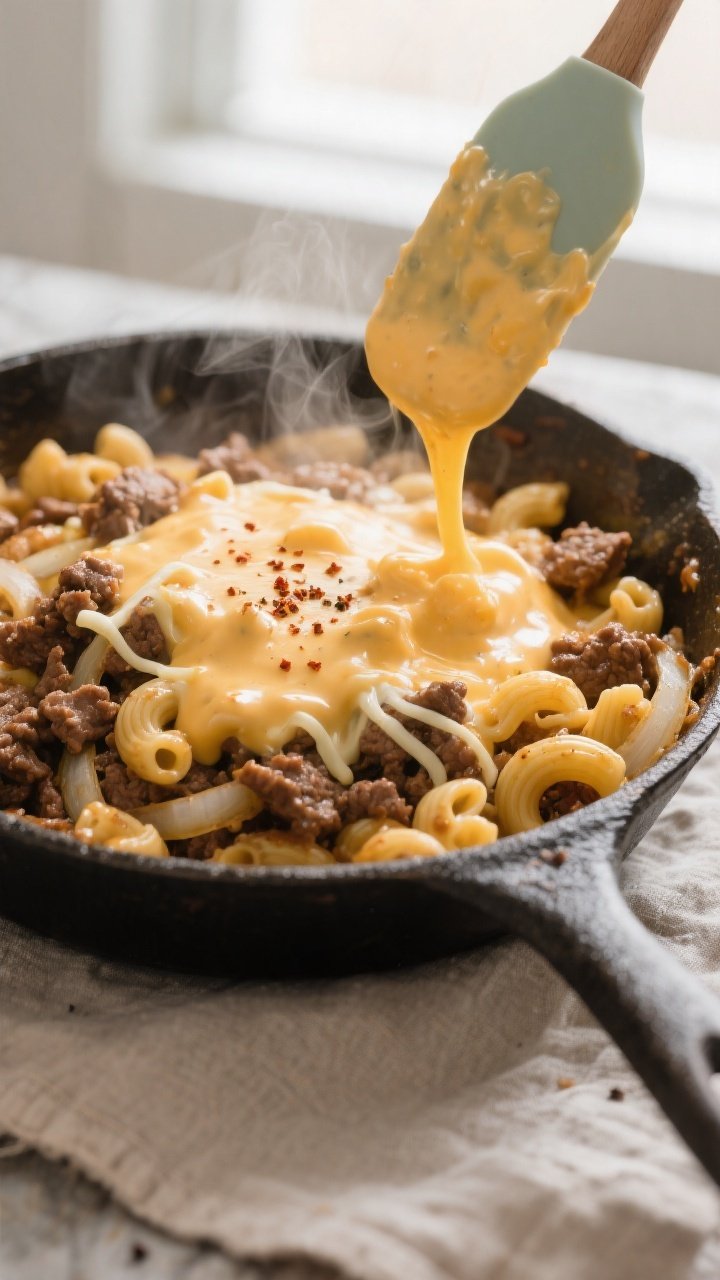 Close-up detail: Creamy mac and cheese sauce being folded into browned ground beef and softened onio