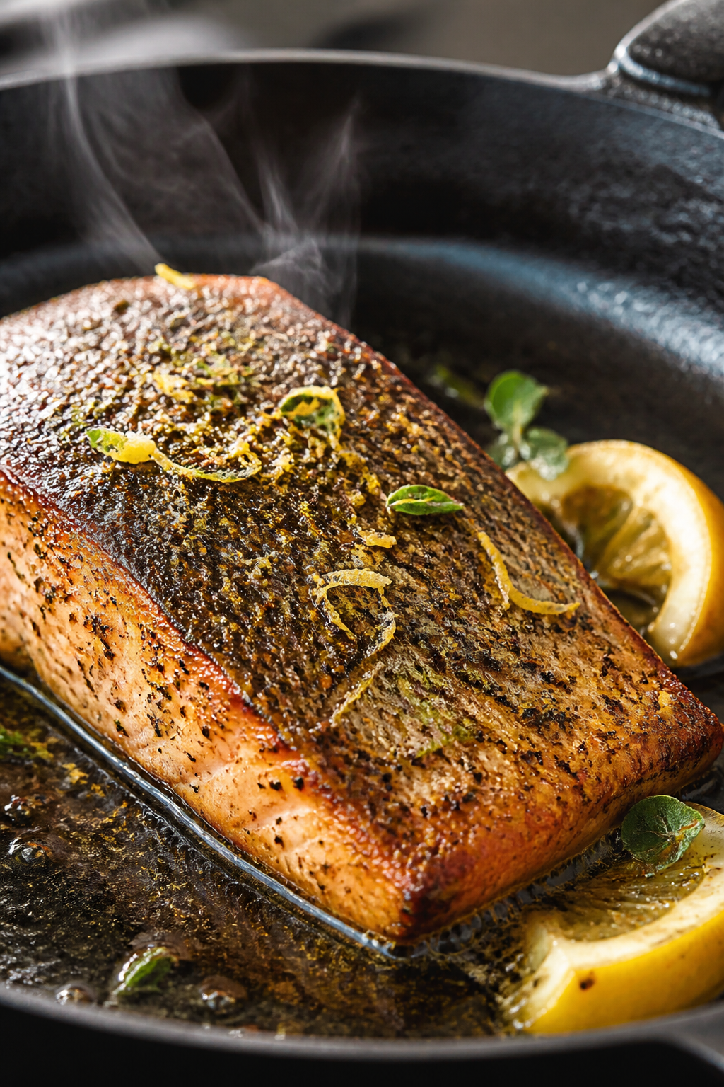 Close-up detail: Crisp-skinned lemon-garlic salmon just after flipping in a cast-iron skillet, skin-