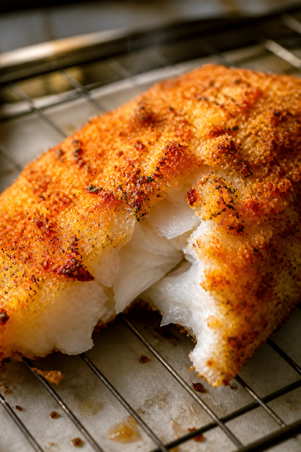 Close-up detail: Crispy baked white fish fillet just out of the oven on a wire rack, golden panko cr