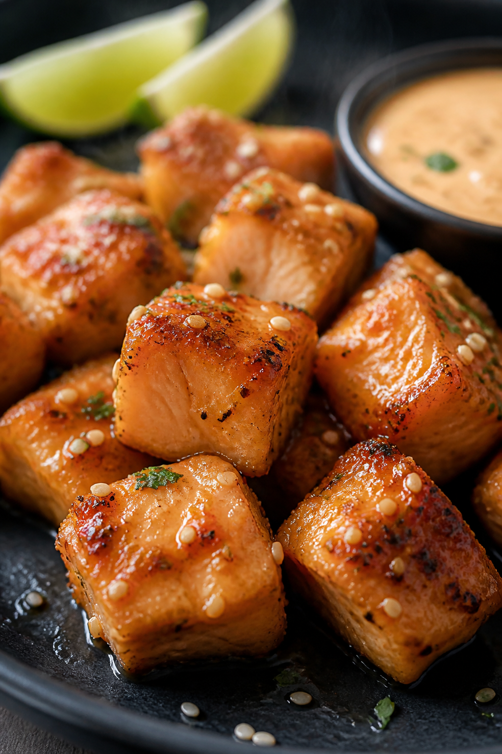 Close-up detail: Crispy bang bang salmon cubes just out of the air fryer, glistening with a light gl