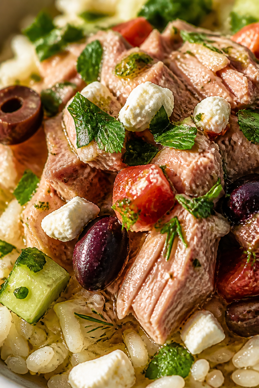 Close-up detail – Flaked tuna and feta moment: macro shot of succulent, olive-oil–glossed tuna c