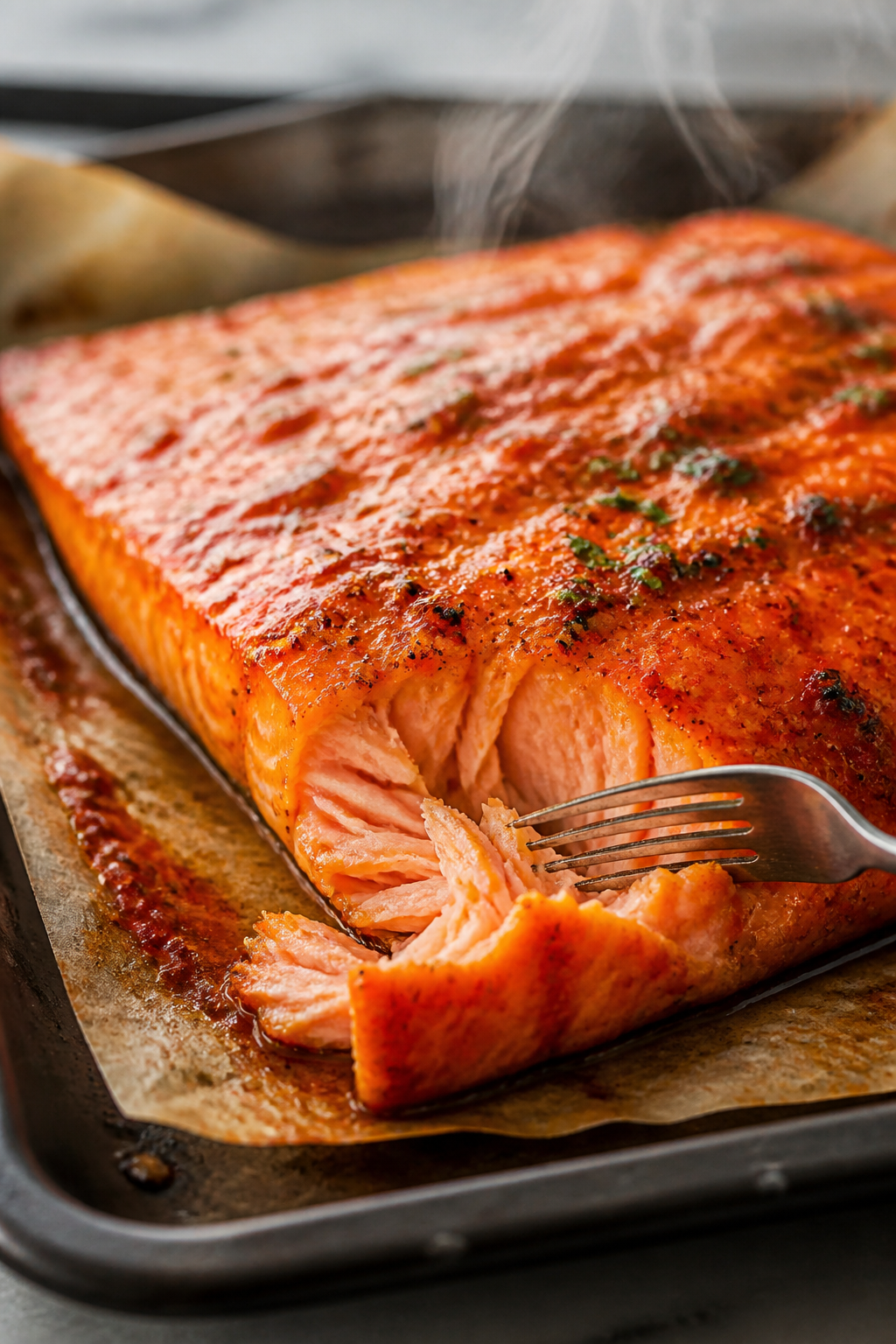 Close-up detail: Flaky Buffalo-glazed salmon just out of the oven, skin-side down on parchment, the 