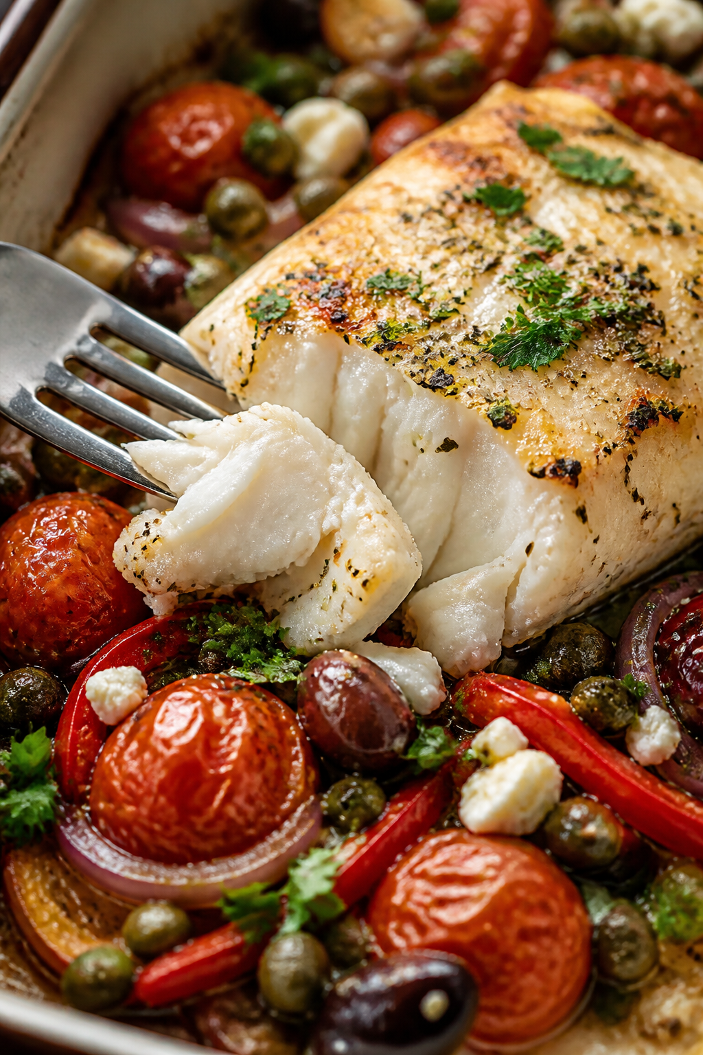 Close-up detail, : Flaky cod just out of the oven, fork gently lifting a moist, opaque flake to reve