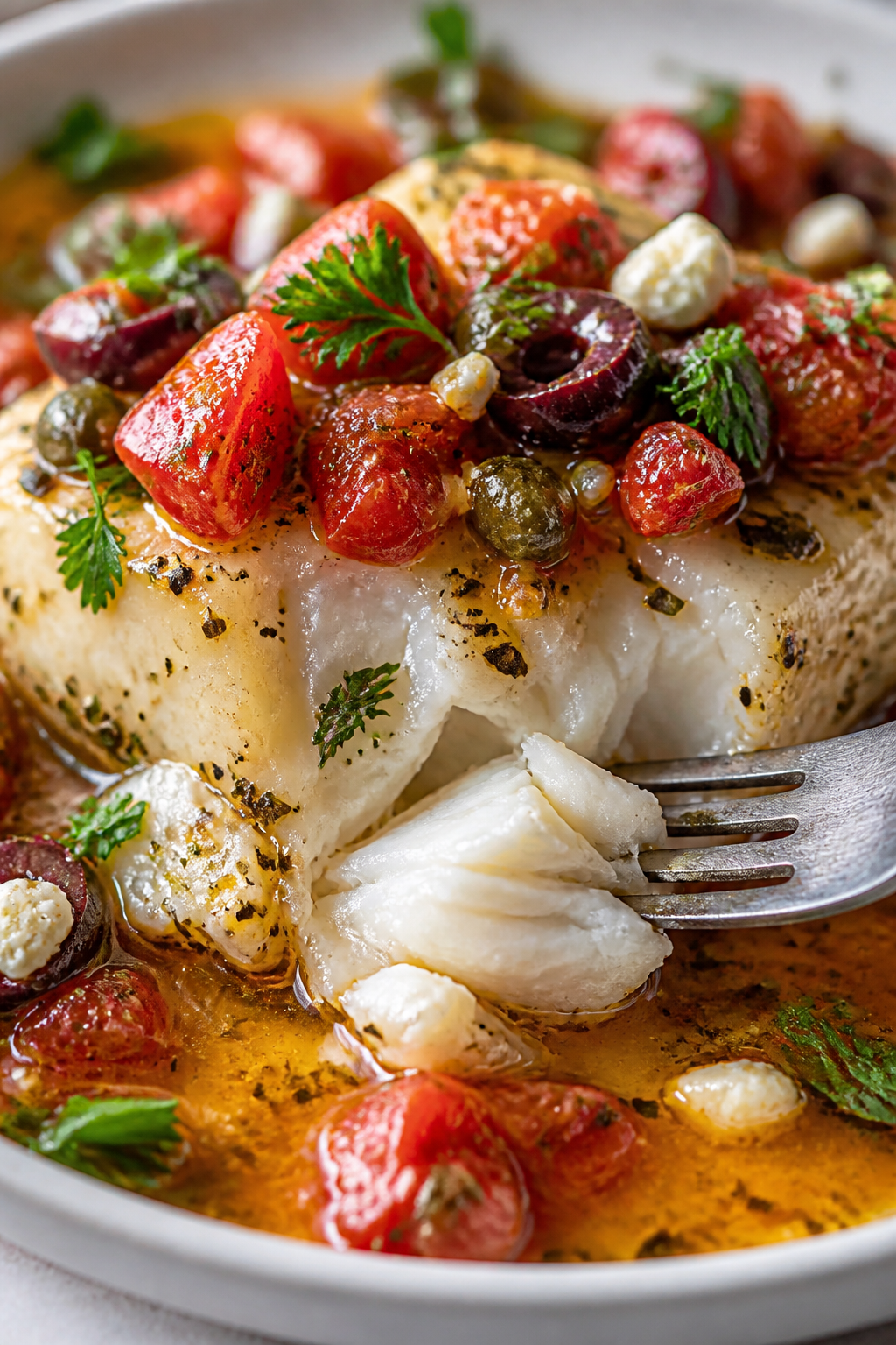 Close-up detail — Flaky cod with pan sauce: Tight macro of a baked cod fillet just flaking with a 