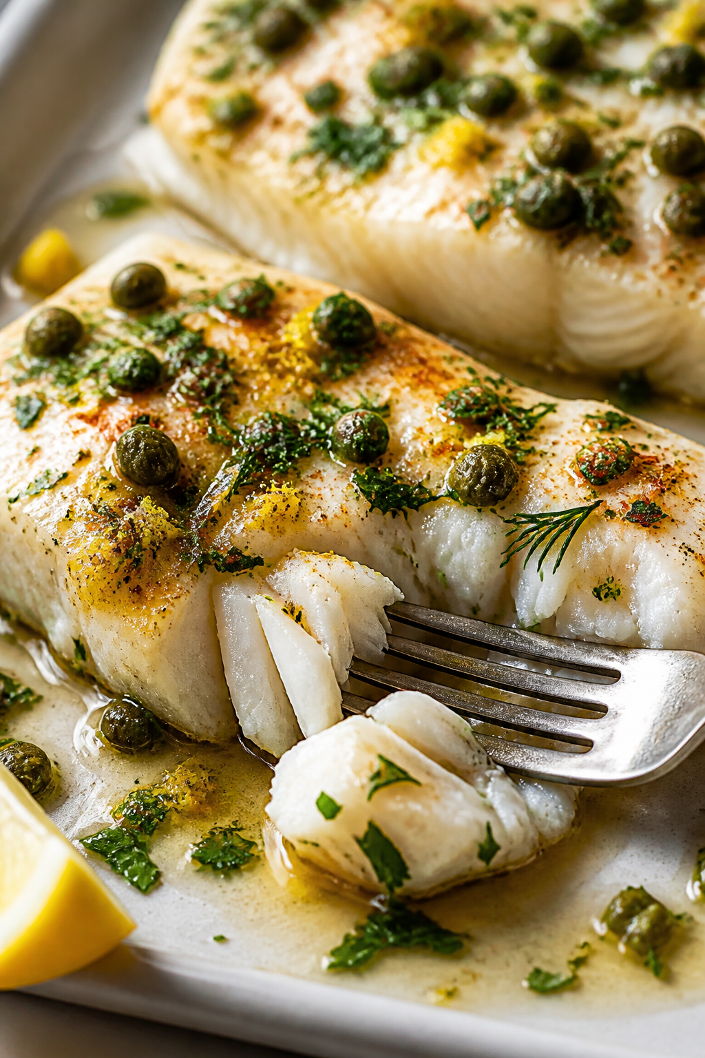 Close-up detail: Flaky lemon-herb cod just out of the oven, glistening with olive oil and a light bu