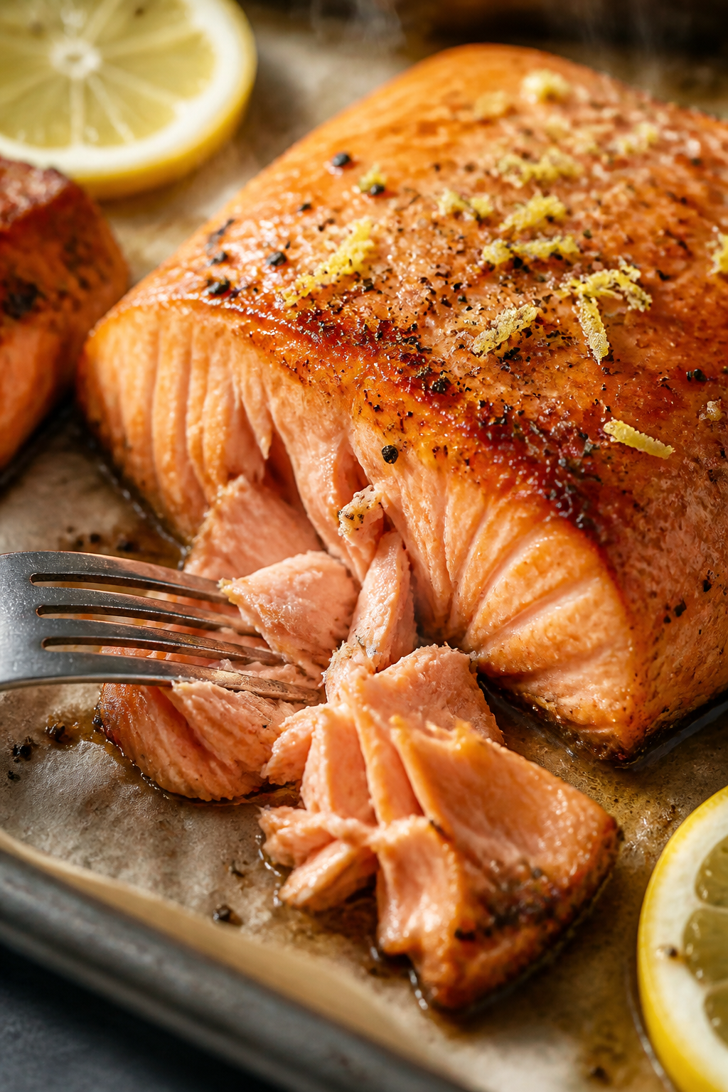 Close-up detail: Flaky roasted salmon just out of the oven, edges lightly caramelized, lemon zest sp