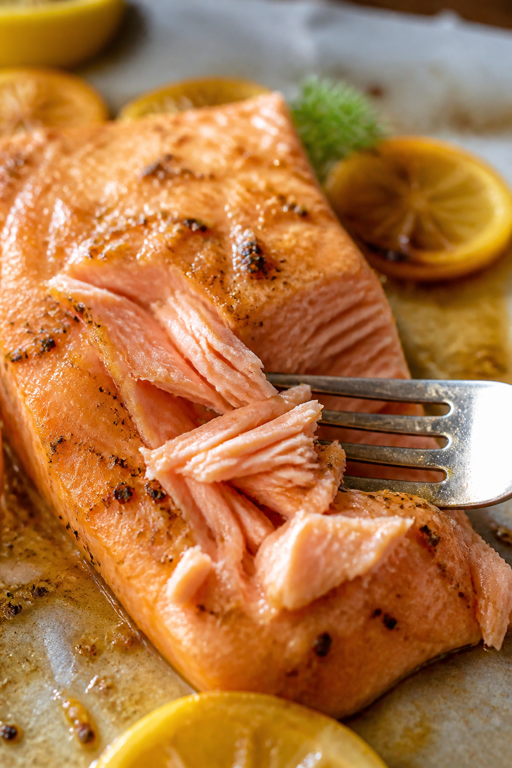 Close-up detail: Flaky roasted salmon just out of the oven, brushed with Dijon-lemon glaze and duste