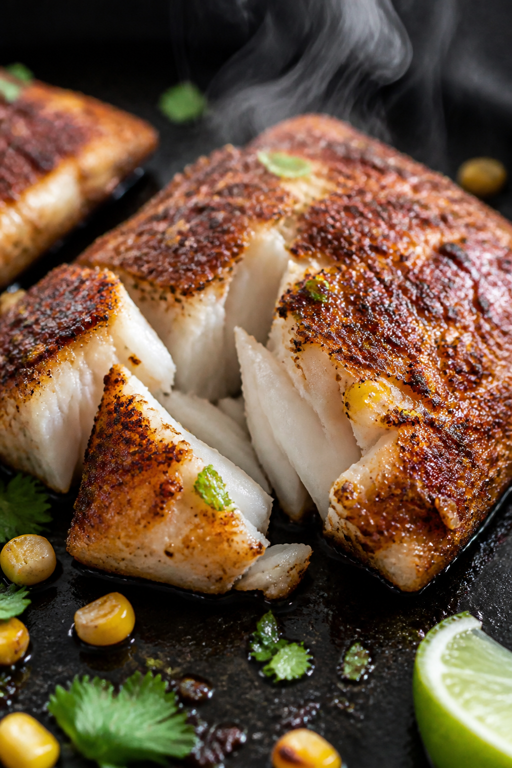 Close-up detail: Flaky, spice-crusted white fish just after resting and flaking, golden sear with vi