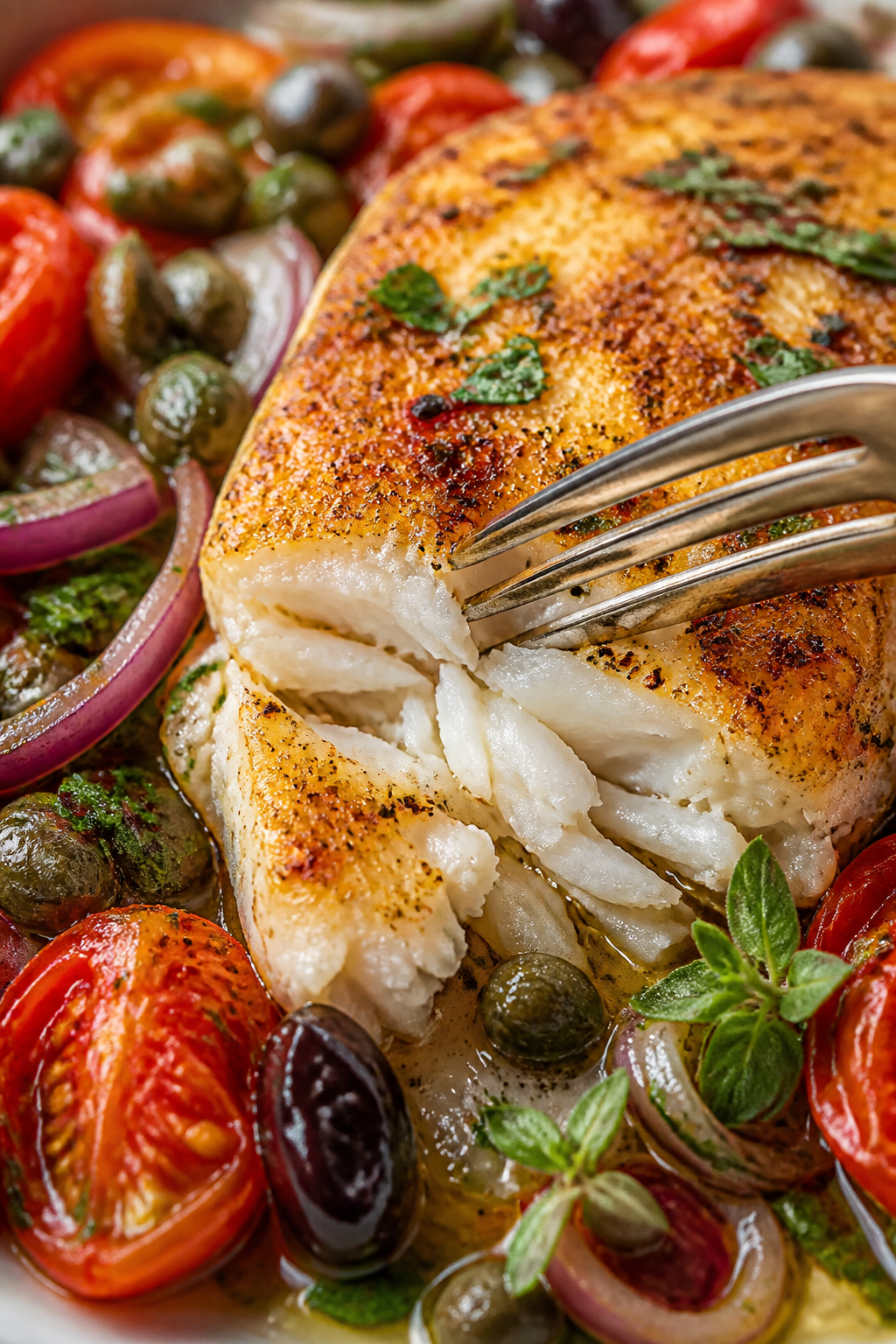 Close-up detail, : Fork gently flaking a perfectly baked halibut fillet, revealing moist, pearly lay