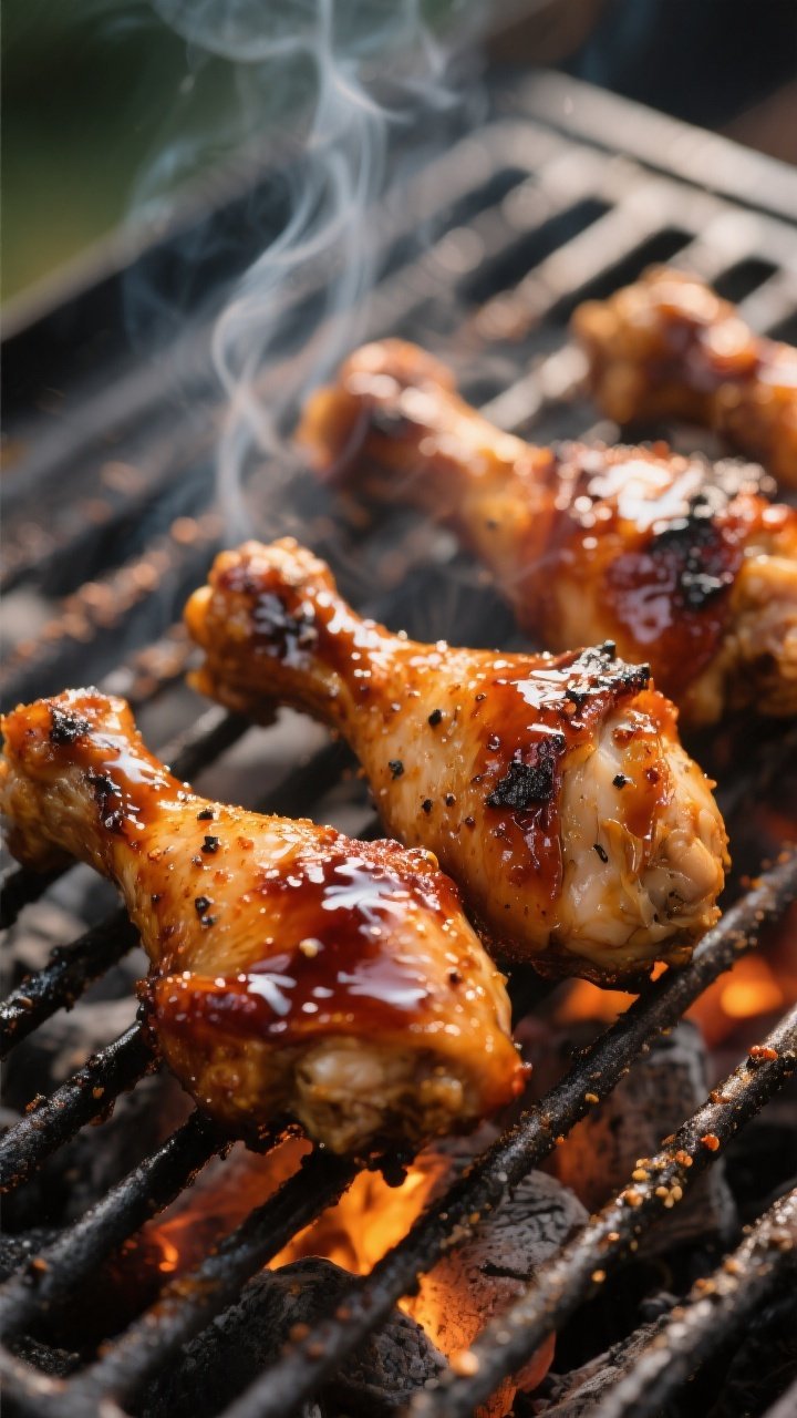 Close-up detail: Glazed BBQ chicken drumsticks on a hot grill over indirect heat, lacquered sauce ju