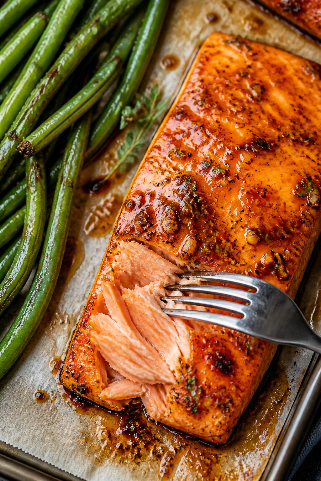 Close-up detail: Glazed maple Dijon salmon just out of the oven, surface caramelized and glistening 