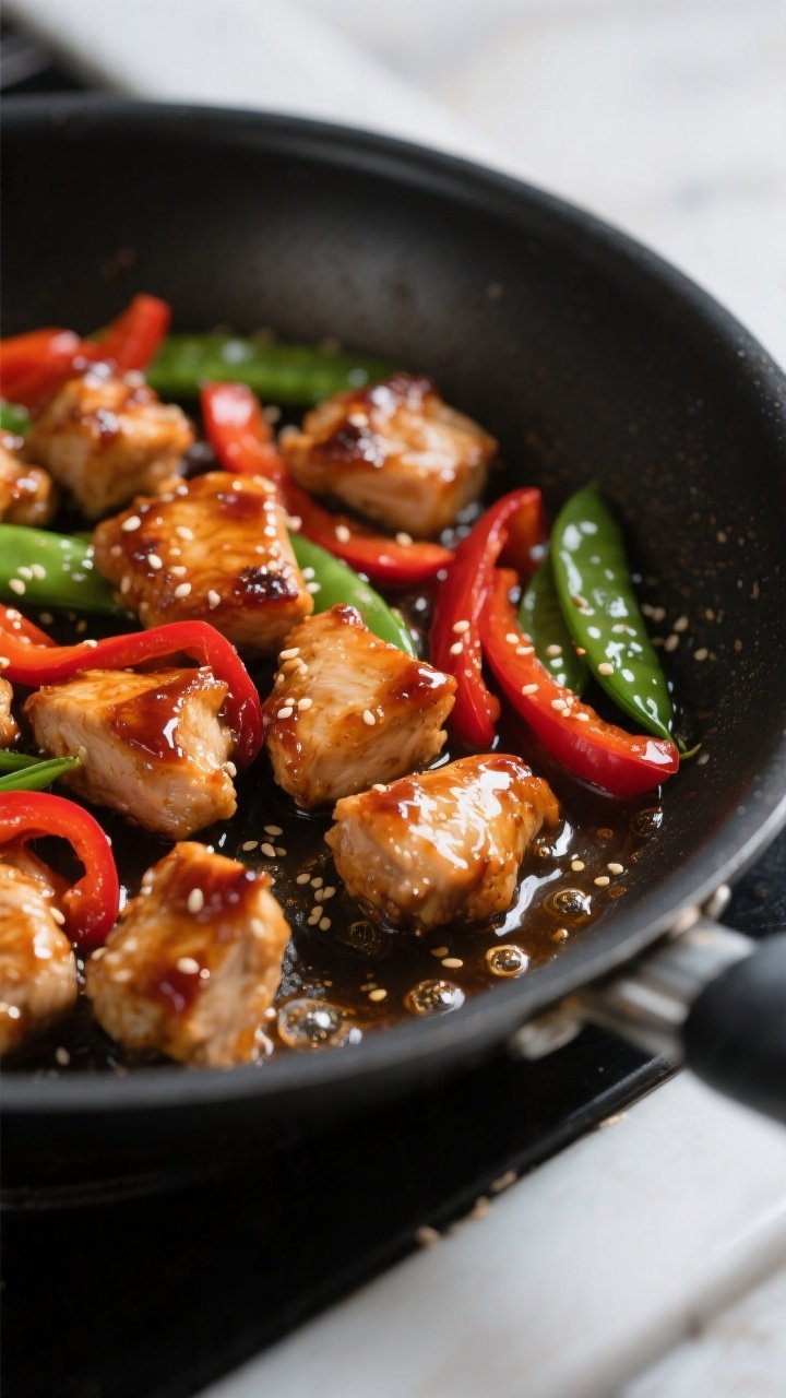 Close-up detail: Glazed sweet chili chicken bites sizzling in a skillet, edges lightly caramelized w