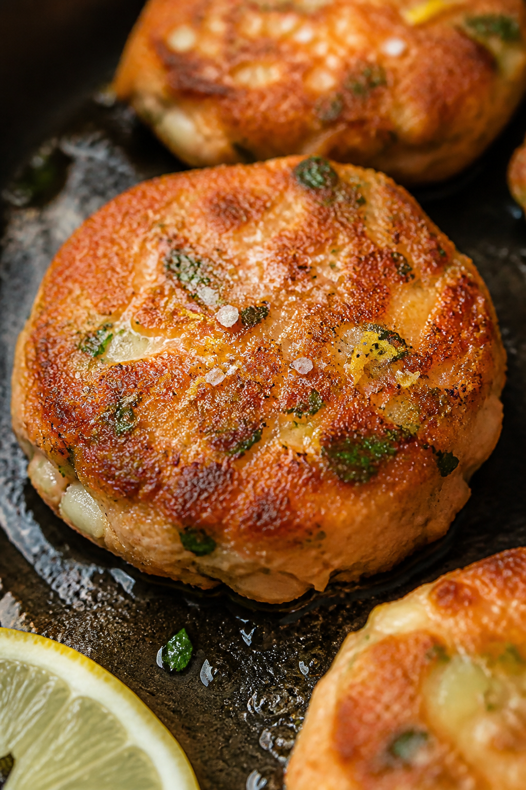 Close-up detail: Golden-brown salmon patties sizzling in a skillet, crisp, deep golden crust with ti