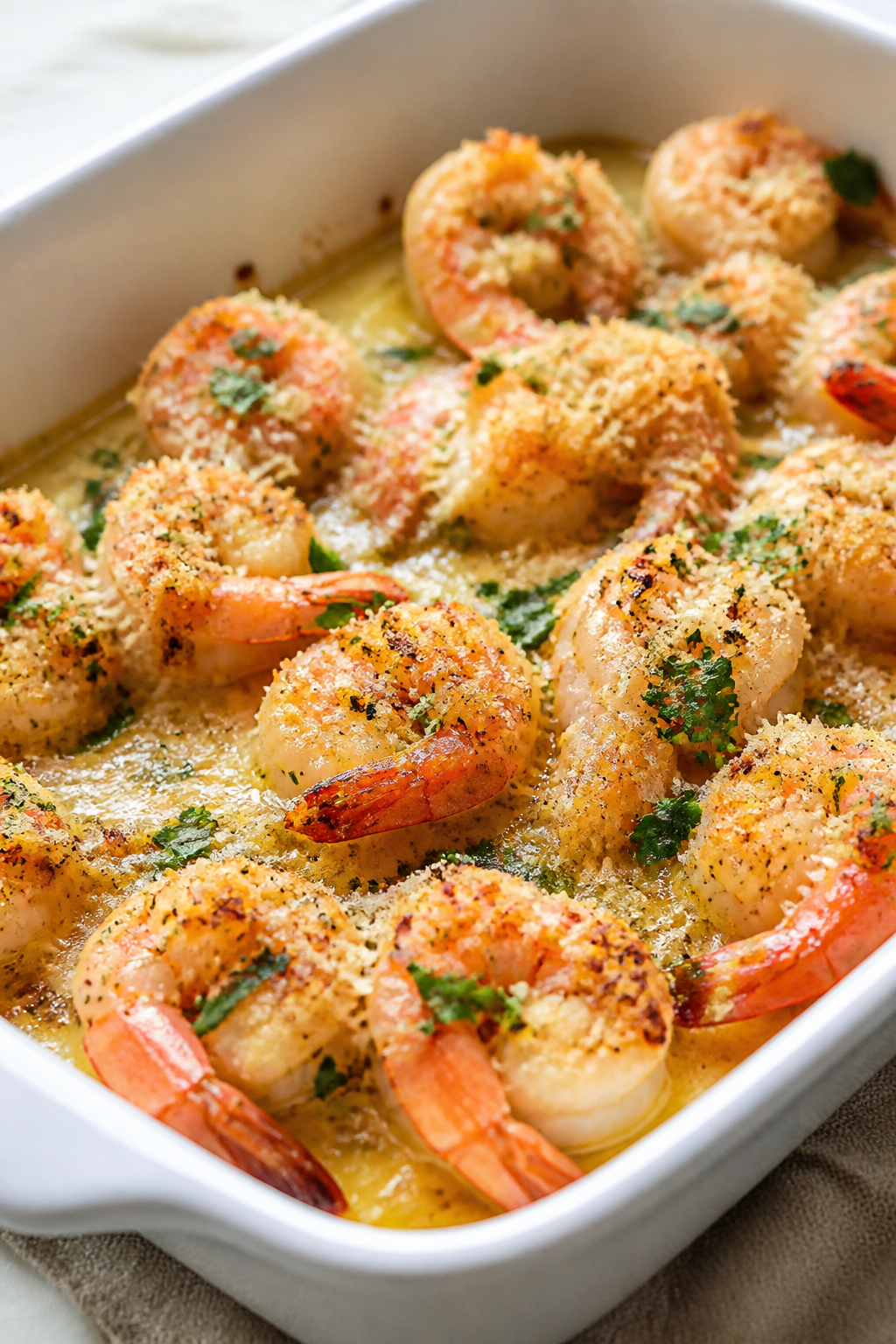 Close-up detail: Golden-bubbly Garlic Parmesan Shrimp just out of the oven, shrimp opaque and plump 