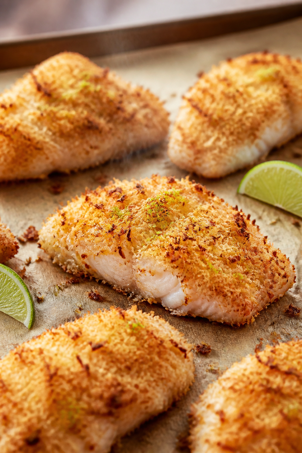 Close-up detail: Golden coconut-crusted fish strips just out of the oven on a parchment-lined sheet