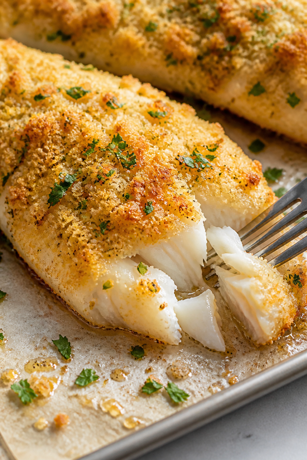 Close-up detail: Golden garlic-Parmesan crust on baked tilapia just out of the oven, crumbs visibly 