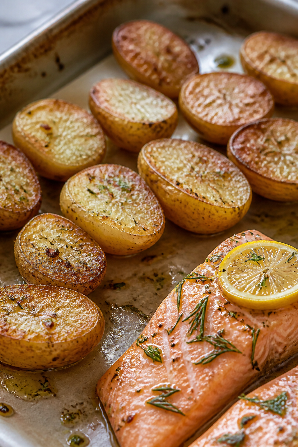 Close-up detail: Golden, roasted baby Yukon Gold potatoes on a parchment-lined sheet pan, cut-side d
