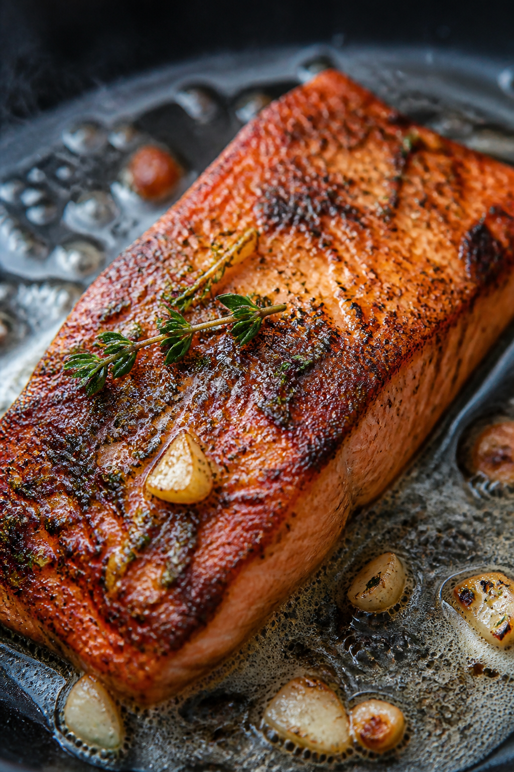 Close-up detail: Golden-seared Cajun salmon fillet just after flipping in a nonstick skillet, skin-s