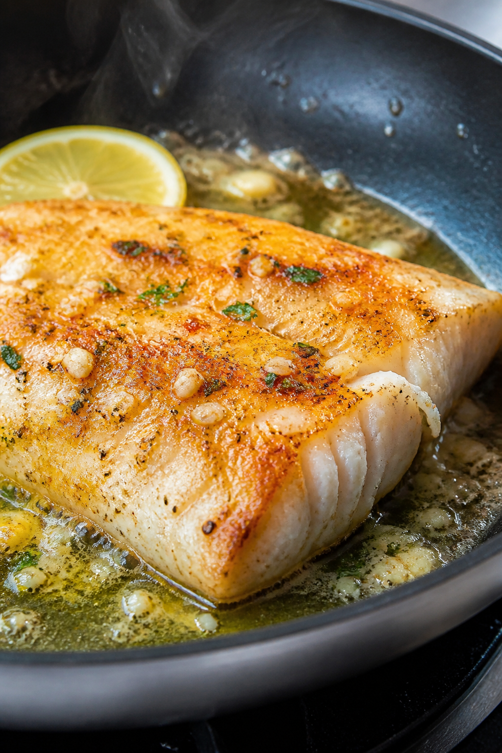 Close-up detail: Golden-seared cod fillet in a nonstick skillet, edges crisp and opaque, glistening 
