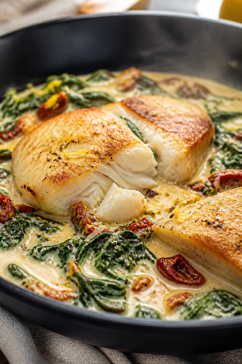 Close-up detail: Golden-seared cod fillet nestled in a creamy garlic-Parmesan sauce with wilted spin