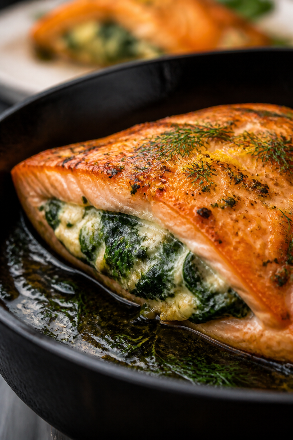 Close-up detail: Golden seared, oven-finished spinach-stuffed salmon fillet in a skillet, pocket sli
