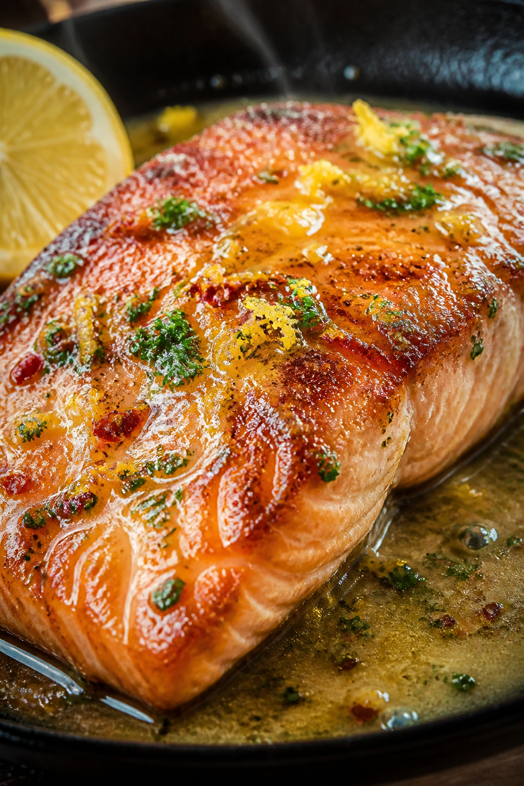 Close-up detail: Golden-seared salmon fillet just out of the oven, glistening with silky garlic-lemo