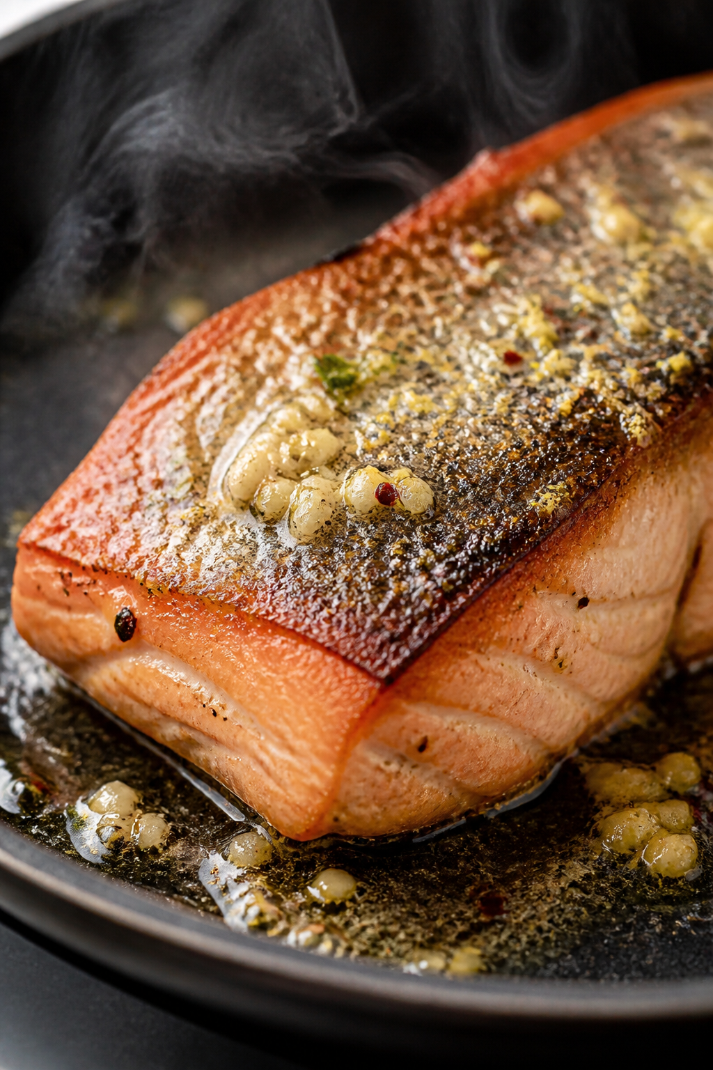 Close-up detail: Golden-seared salmon fillet skin-side up in a hot skillet, glistening with melted g