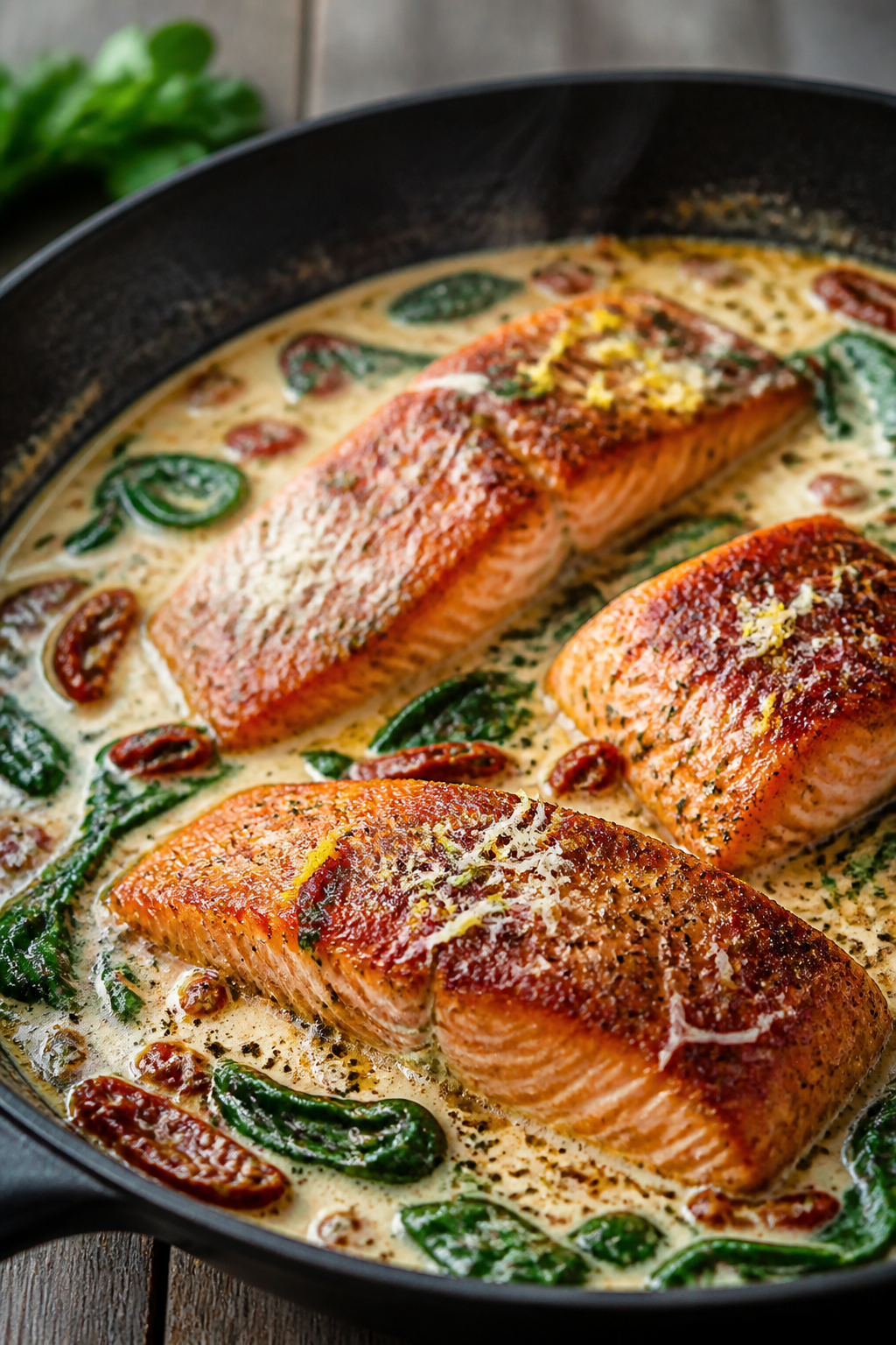 Close-up detail: Golden-seared salmon fillets just returned to a creamy Tuscan sauce in a black skil