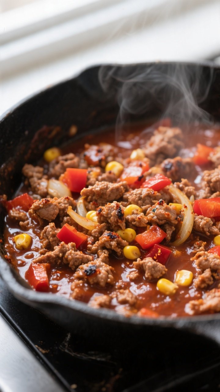 Close-up detail: Ground Turkey BBQ Skillet mid-simmer in a matte black skillet, glossy, thickened BB