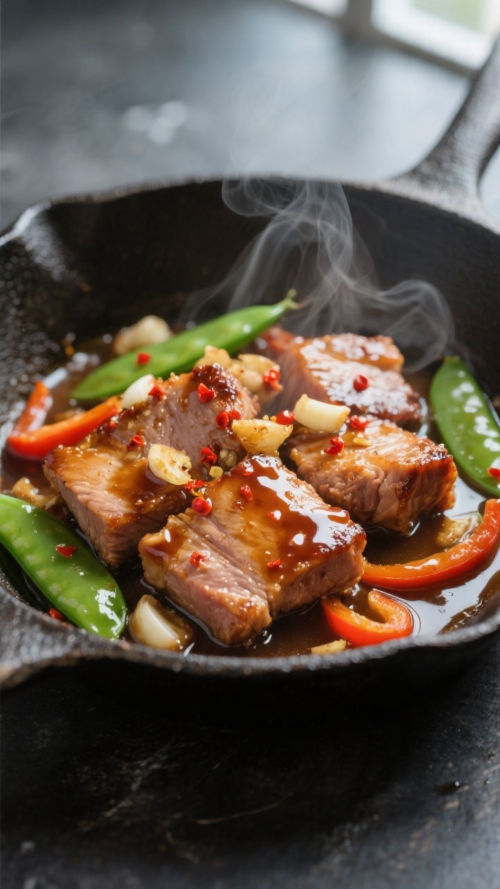Close-up detail: Honey garlic pork just after saucing in the skillet—juicy seared pork pieces coat