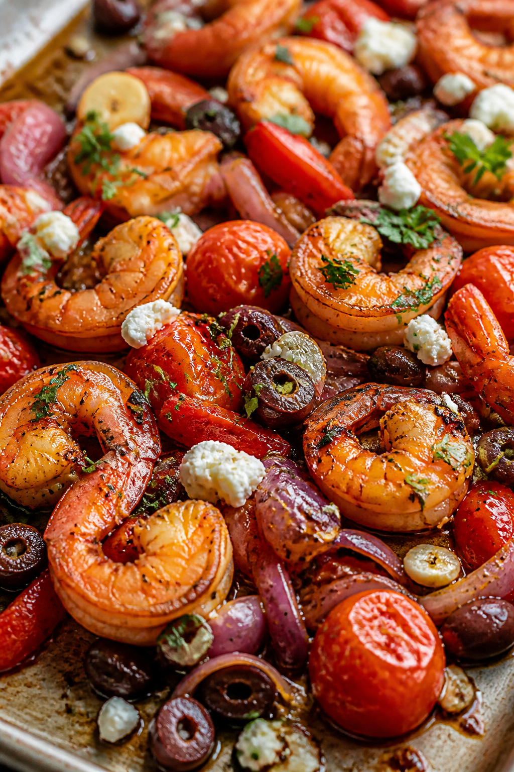 Close-up detail: Juicy, just-roasted shrimp nestled among blistered cherry tomatoes, charred red oni