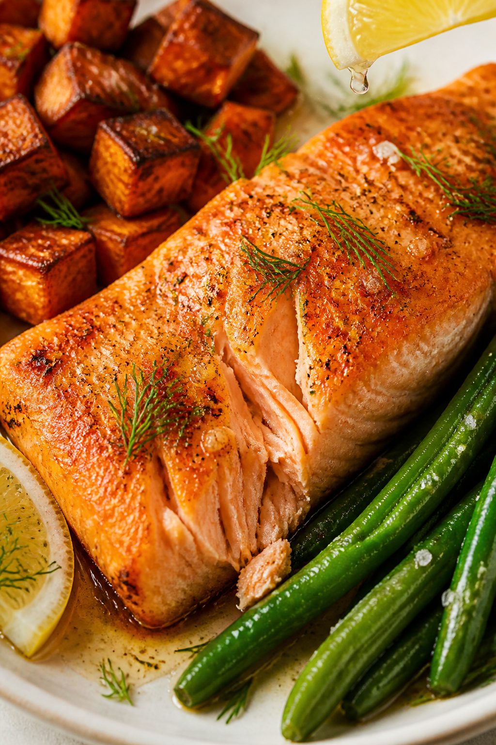 Close-up detail: Juicy roasted salmon fillet, skin-side down, flakes just separating at the center, 